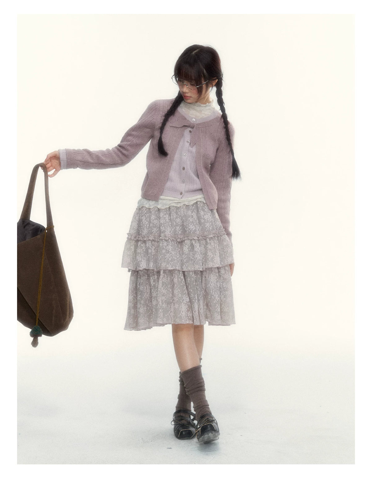 Misty Gray Pink Vintage Lace Tiered A-Line Skirt
