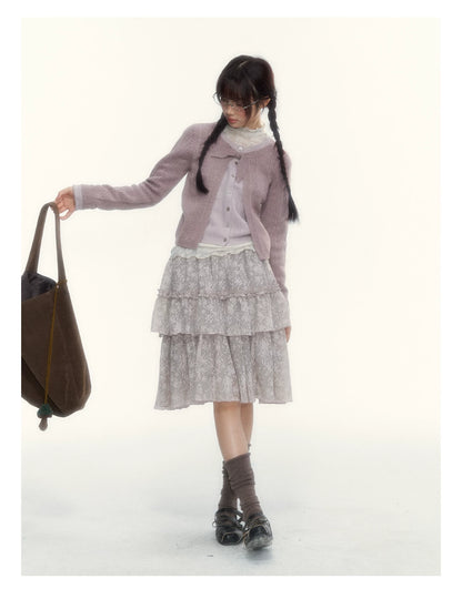 Misty Gray Pink Vintage Lace Tiered A-Line Skirt