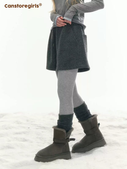 [CAN] “Gray Fluffy Lazy Cloud” Wool-Blend High-Waist Shorts WW2025451