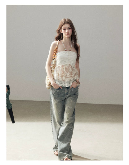 "Where the Waves Meet Her" Creamy Apricot White Lace Halter Sheer Top