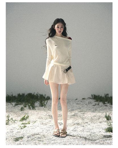“Ashes of Yesterday” Moonstone White Off-Shoulder Layered Knit Top