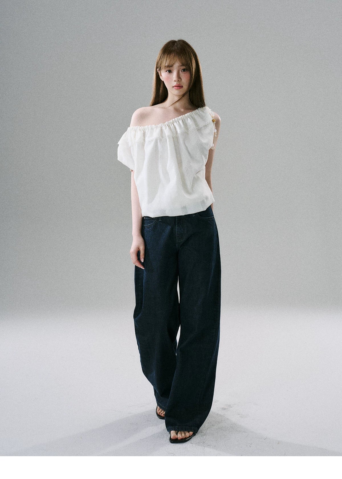 LOST FOREST - Natural Linen-Blend Drawstring Shoulder Top