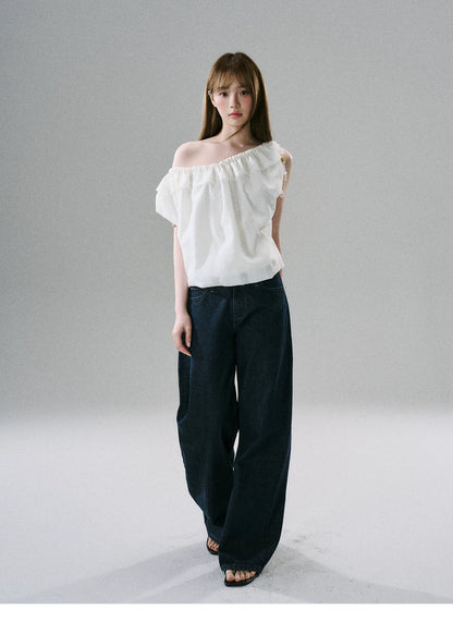 LOST FOREST - Natural Linen-Blend Drawstring Shoulder Top