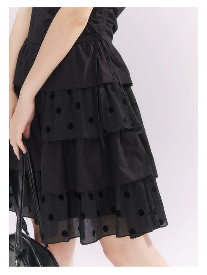 “Midnight Sweetheart” Black Korean-Style Bow Polka Dot Tiered Dress