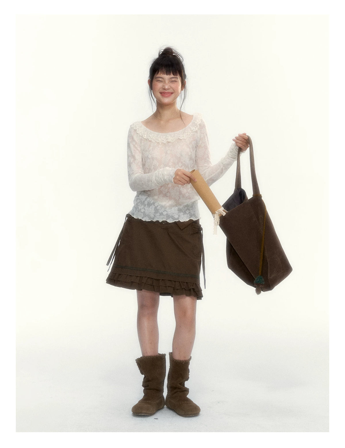 “Everyday Mist” Jacquard Lace Layering Top ( Ivory / Fog Gray )