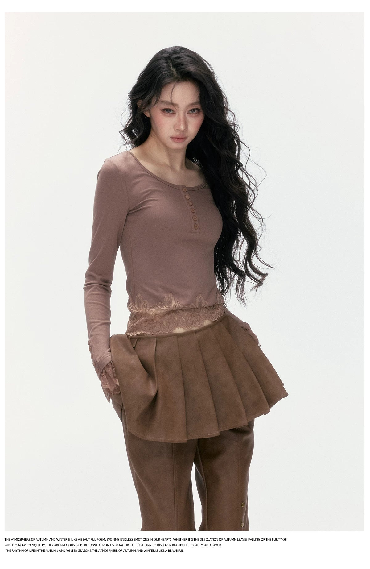 24olvides - Fitted Henley Top with Asymmetric Lace Trim (White / Brown)