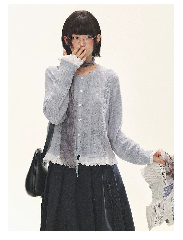 "Wisteria Whisper" Open-Knit Lace Tie Cardigan (Wisteria/ Ivory)