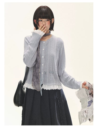 "Wisteria Whisper" Open-Knit Lace Tie Cardigan (Wisteria/ Ivory)