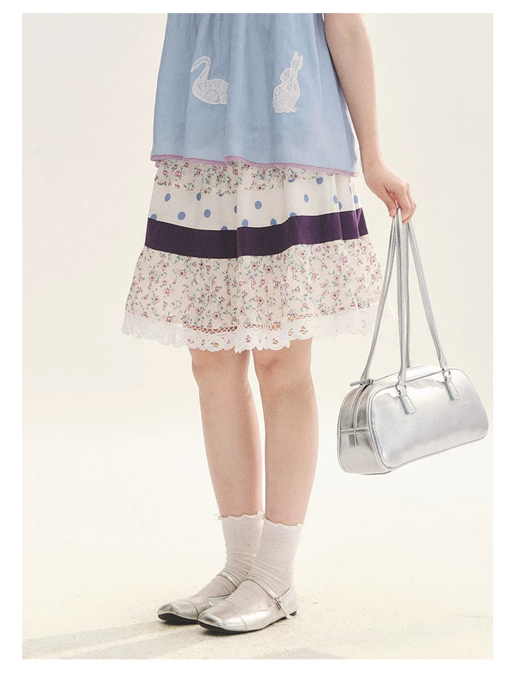 "Moonlight Grape" Vintage Floral Polka Dot Lace A-Line Skirt