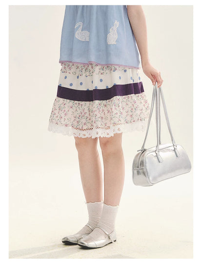 "Moonlight Grape" Vintage Floral Polka Dot Lace A-Line Skirt