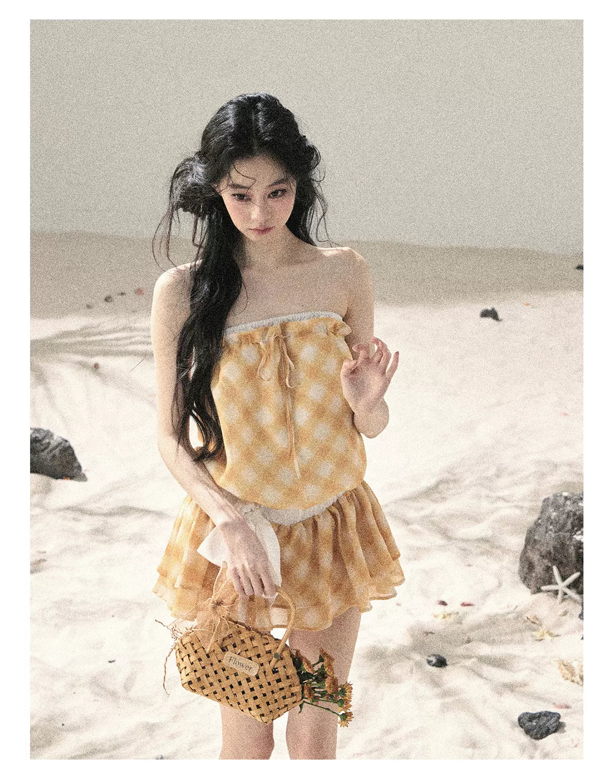 "Breeze Upon the Waves" Cheese Yellow Off-Shoulder Diamond Quilted Mini Dress