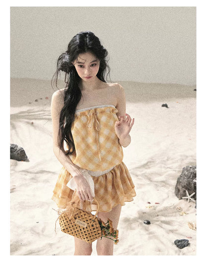 "Breeze Upon the Waves" Cheese Yellow Off-Shoulder Diamond Quilted Mini Dress