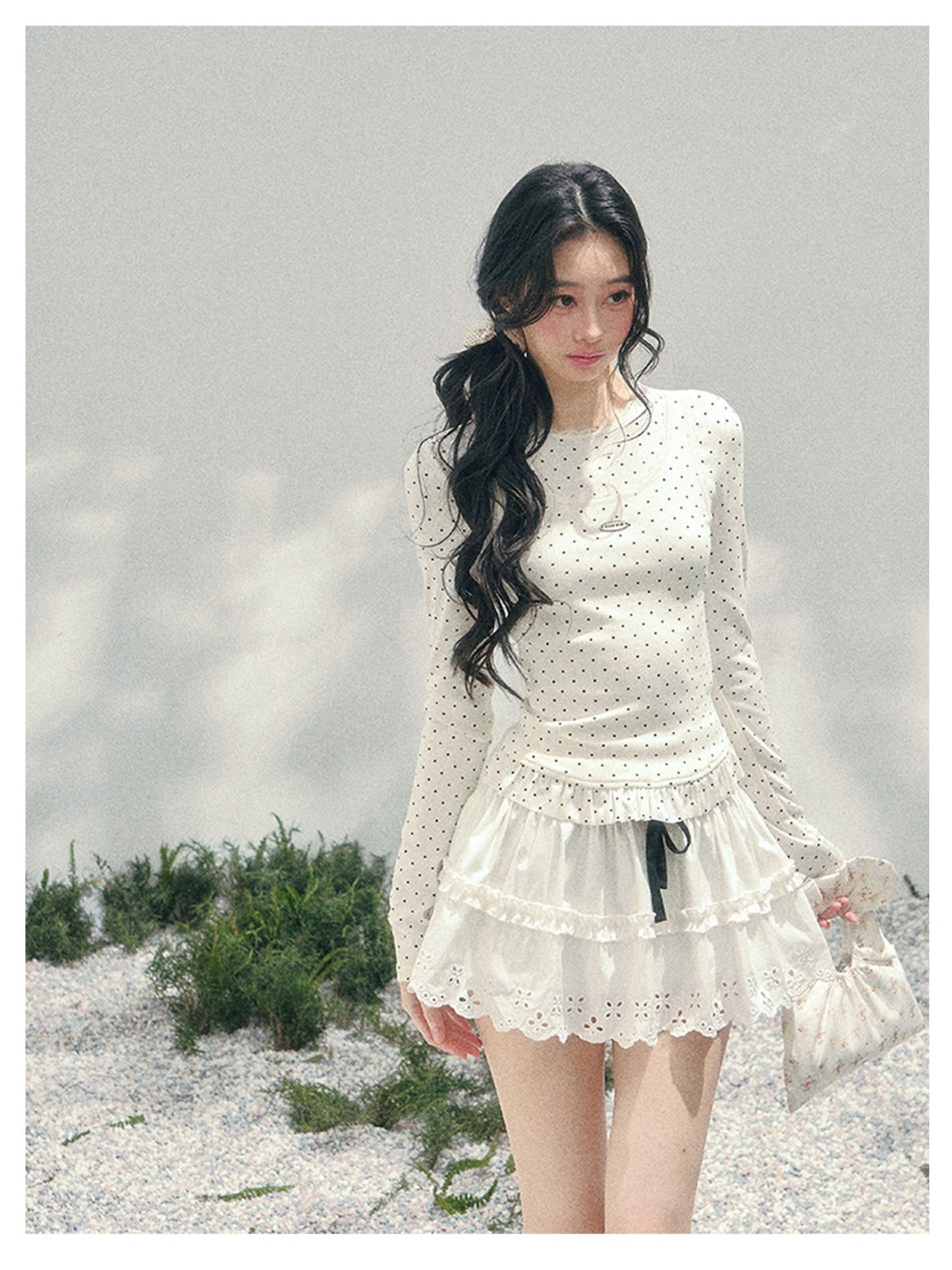 少也眼 “Soft Muse Student” Lace Polka Dot Faux-Layer Shoulder Tee 6747668