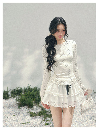 少也眼 “Soft Muse Student” Lace Polka Dot Faux-Layer Shoulder Tee 6747668