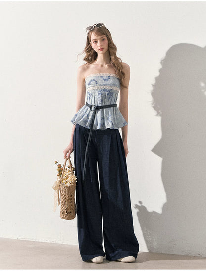 "Weekend Market" Blue Porcelain Peplum Tube Top