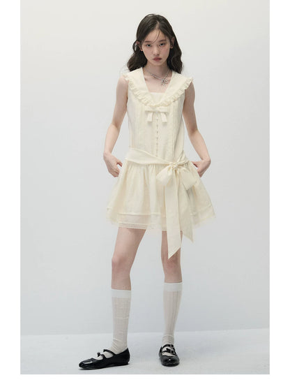 Ivory Beige Low-Rise Sailor Collar Dress with Adjustable Bow Ties