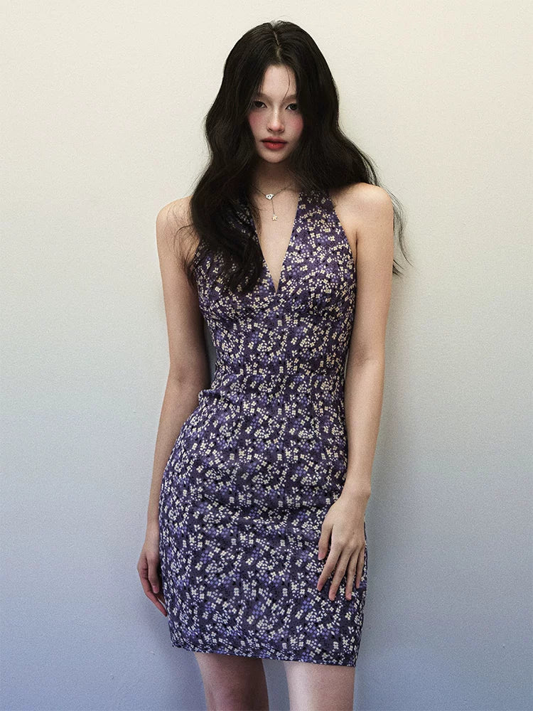 1P - Purple Floral Halter V-Neck Mini Dress