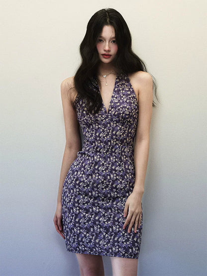 1P - Purple Floral Halter V-Neck Mini Dress
