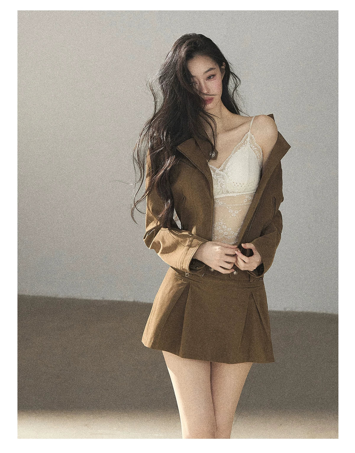 AOMALM - "Olive Autumn" Brown Faux Leather Jacket & Pleated Skirt Set