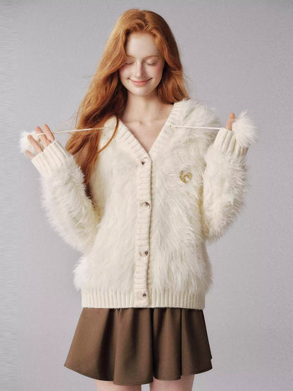 "毛绒雪怪" Beige Faux Fur Pom Knit Hoodie Cardigan