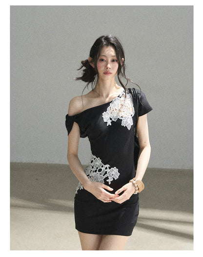 "When the Moon Didn't Arrive" Tranquil Black Lace Embroidered Bodycon Mini Dress