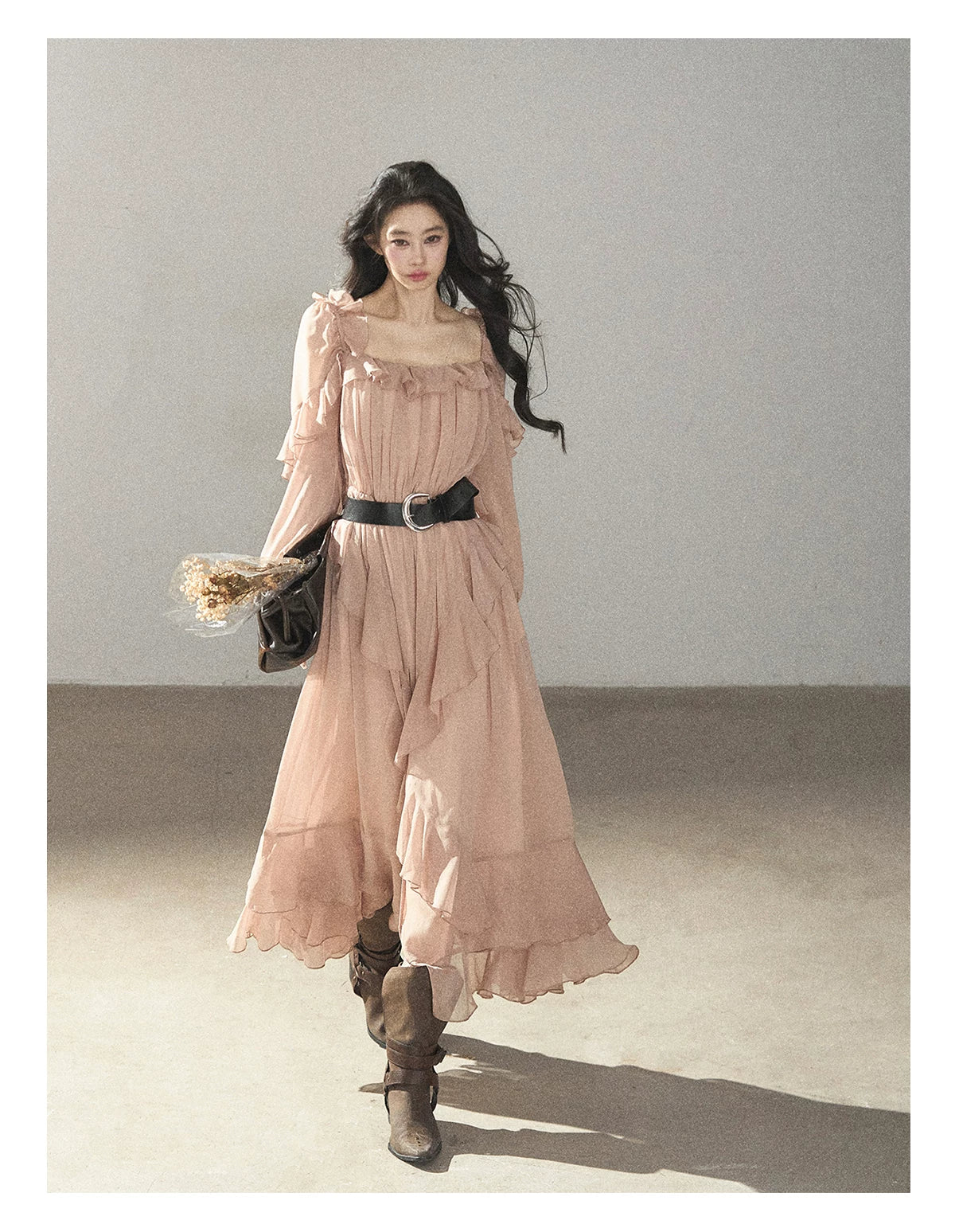 AOMALM - "Waiting for Sunset" Soft Pink French Ruffle Maxi Dress with Belt