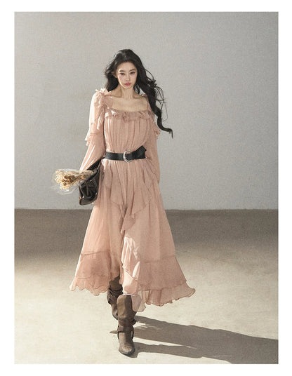 AOMALM - "Waiting for Sunset" Soft Pink French Ruffle Maxi Dress with Belt