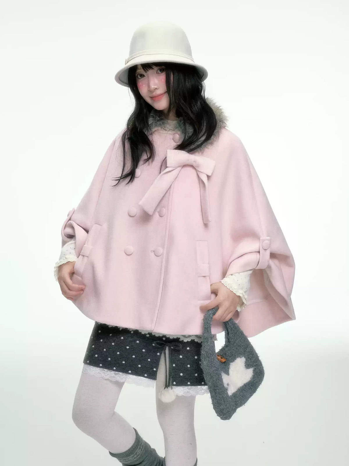 BIBIBENCY - Pink Wool-Blend Double-Breasted Coat