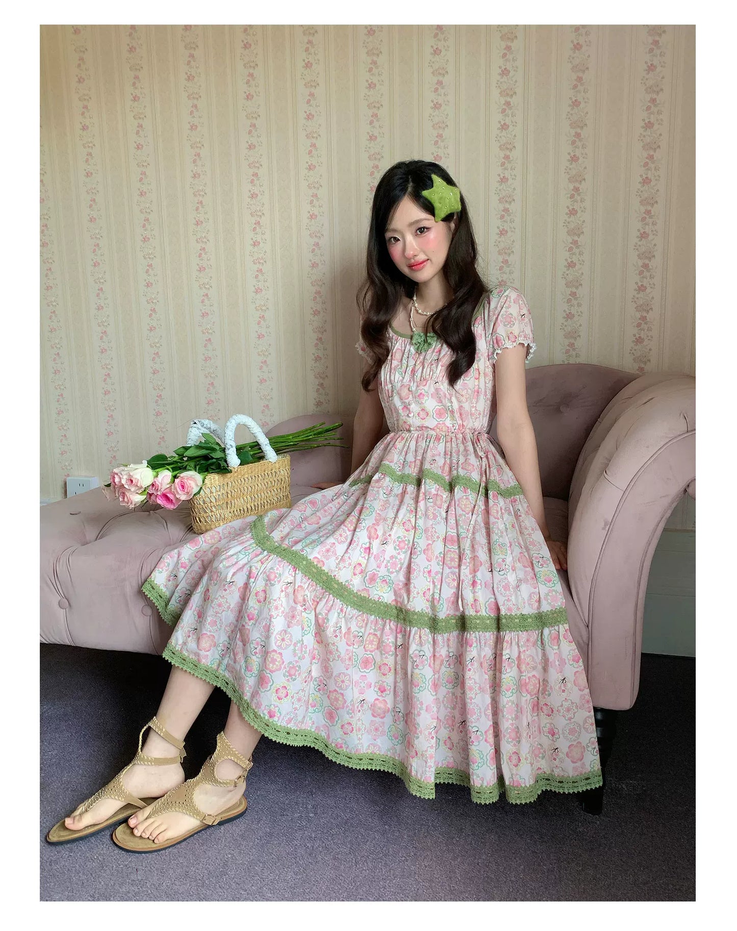 “Wildflower Green Grape” Pink Floral Tiered Dress