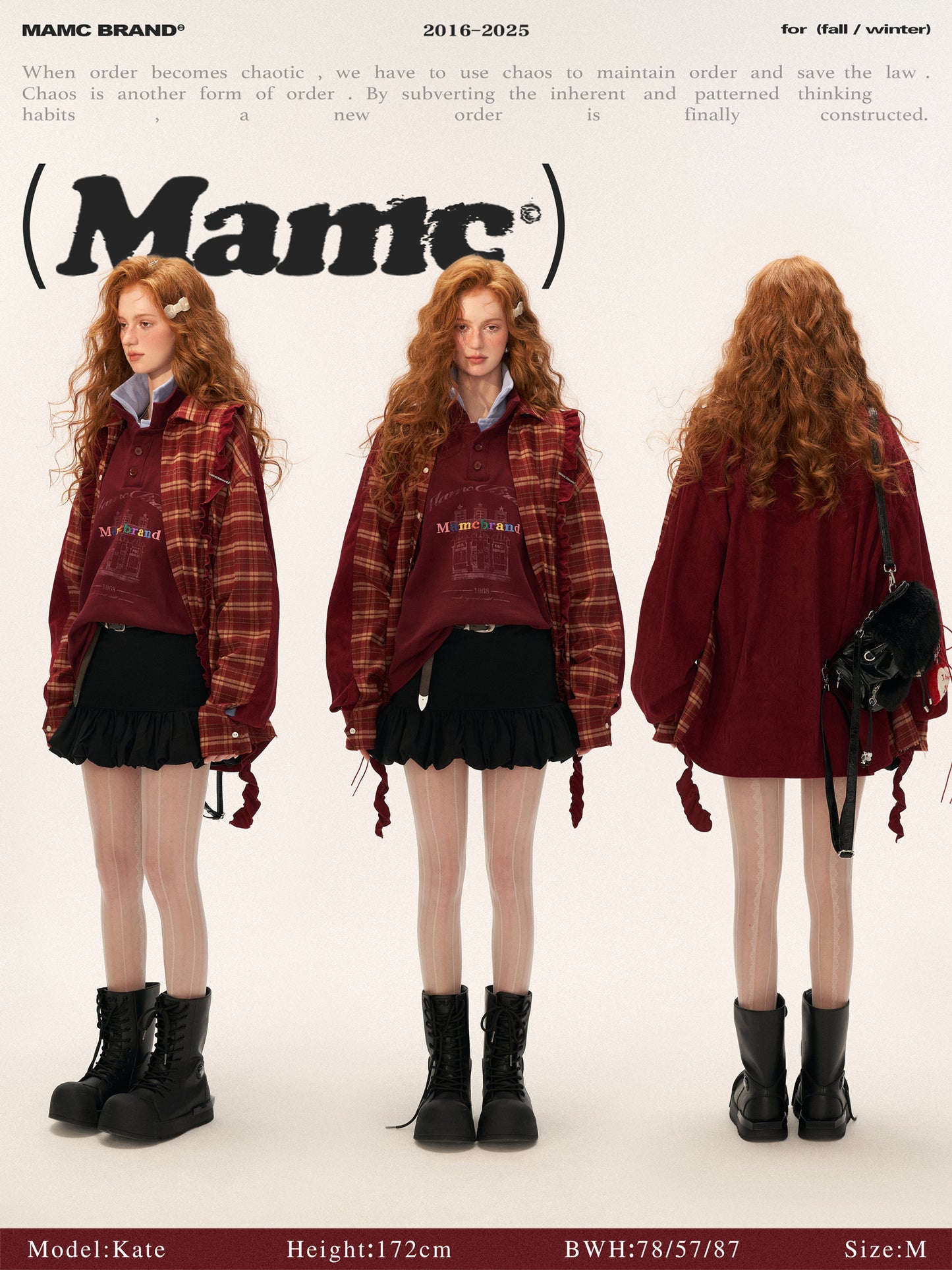MAMC - Patchwork Plaid Oversized Sweatshirt WE824 (Deep Red)