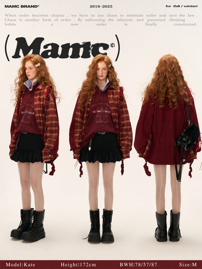 MAMC - Patchwork Plaid Oversized Sweatshirt WE824 (Deep Red)