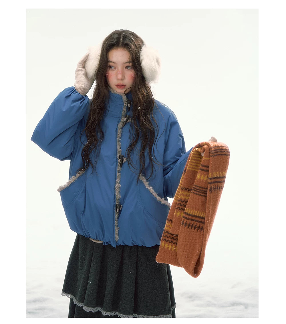 CANSTORE - "Cobalt Snowfall" Cobalt Blue Cropped Toggle Coat with Plush Trim