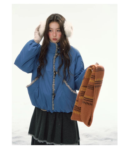 CANSTORE - "Cobalt Snowfall" Cobalt Blue Cropped Toggle Coat with Plush Trim