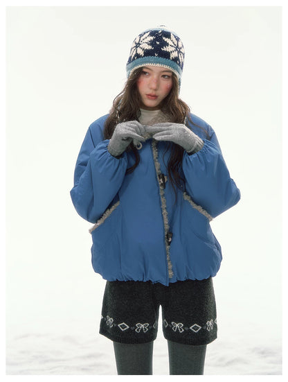 CANSTORE - "Cobalt Snowfall" Cobalt Blue Cropped Toggle Coat with Plush Trim