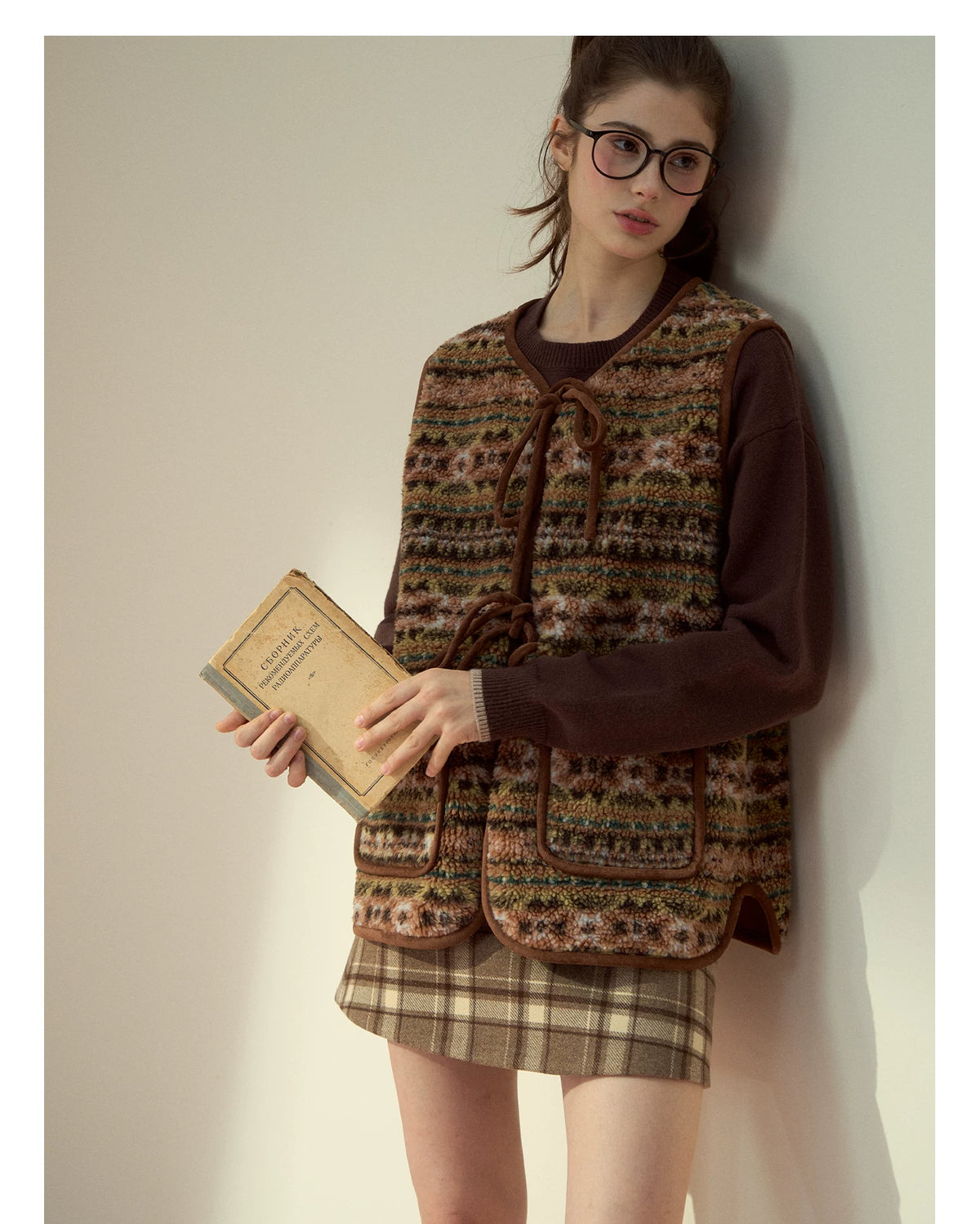 SunsetPark - "Mocha Fair Isle" Caramel Reversible Bow-Tie Faux Fur Vest Top