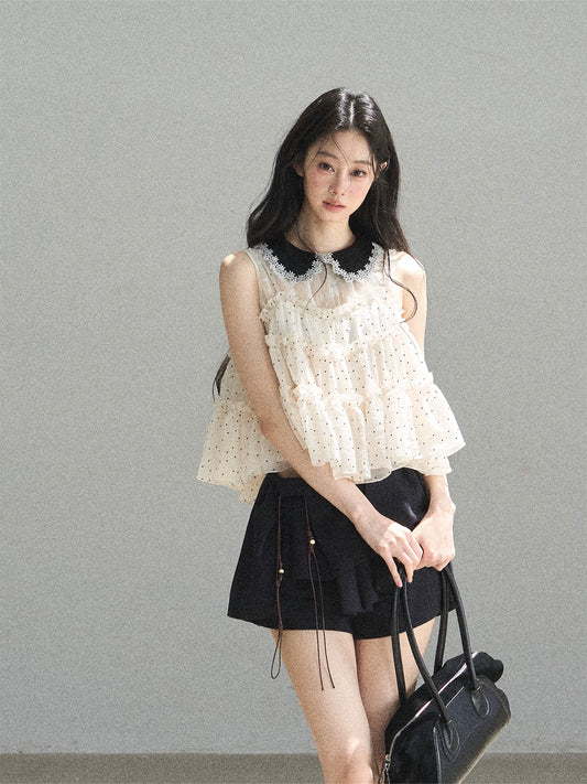 "A Dream Like Foam" French Polka Dot Chiffon Babydoll Blouse