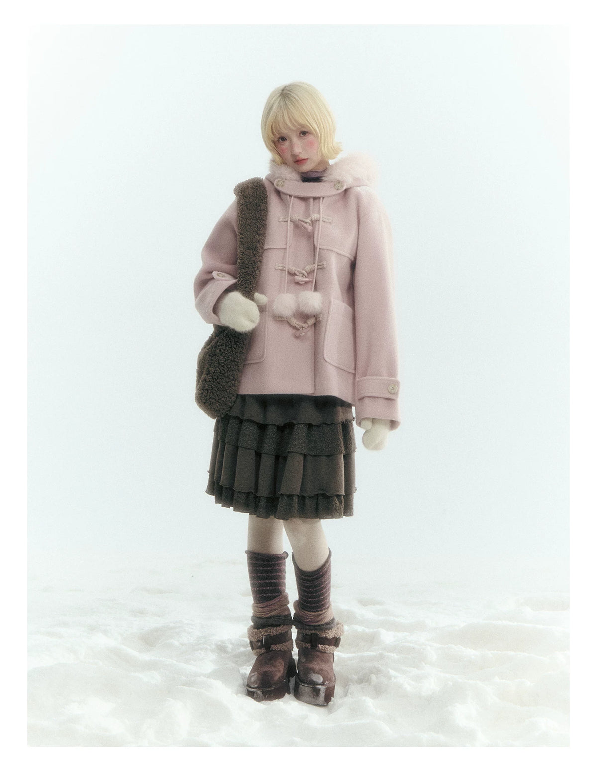 Horridale - Preppy Hooded Wool-Blend Duffle Coat with Pom-Pom Details – Mist Pink