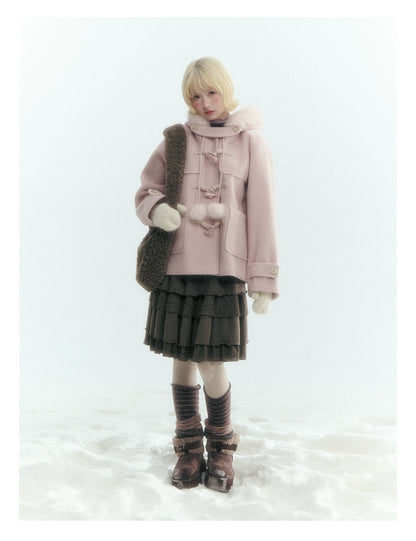 Horridale - Preppy Hooded Wool-Blend Duffle Coat with Pom-Pom Details – Mist Pink