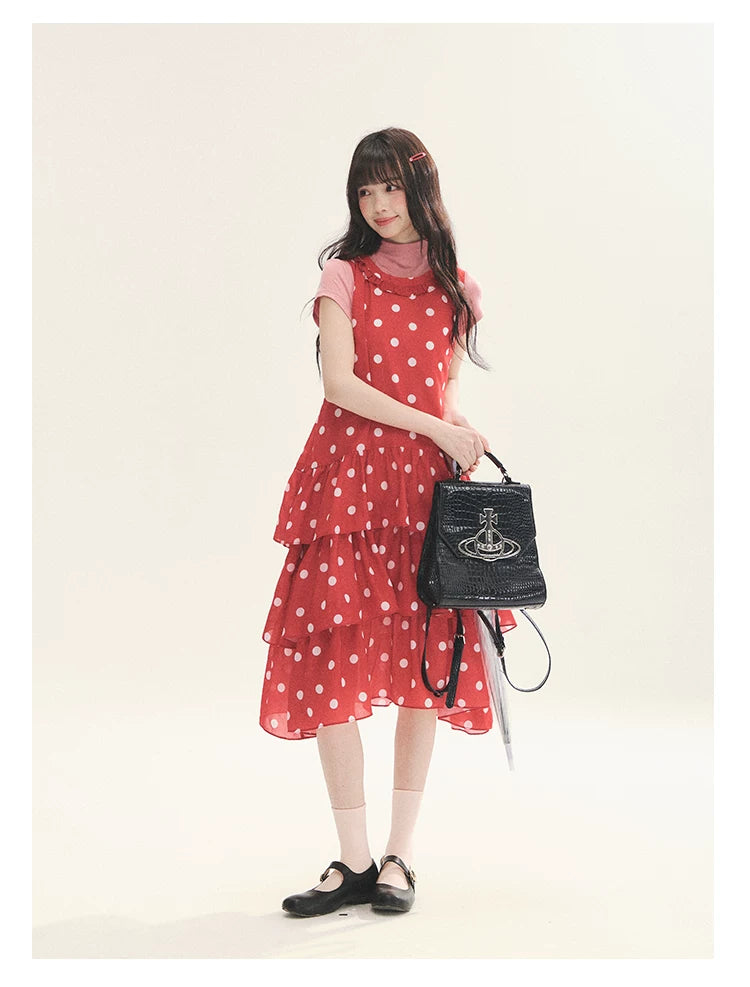 "Polka Dot Layers" Red Polka Dot Tiered A-Line Maxi Cami Dress