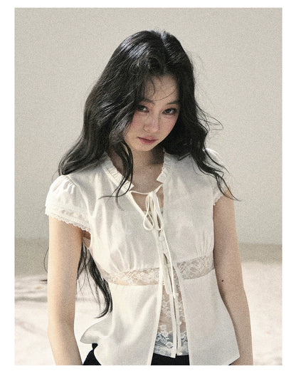 "Lace Between the Lines" Frost White Faux-Layer Cropped Shirt