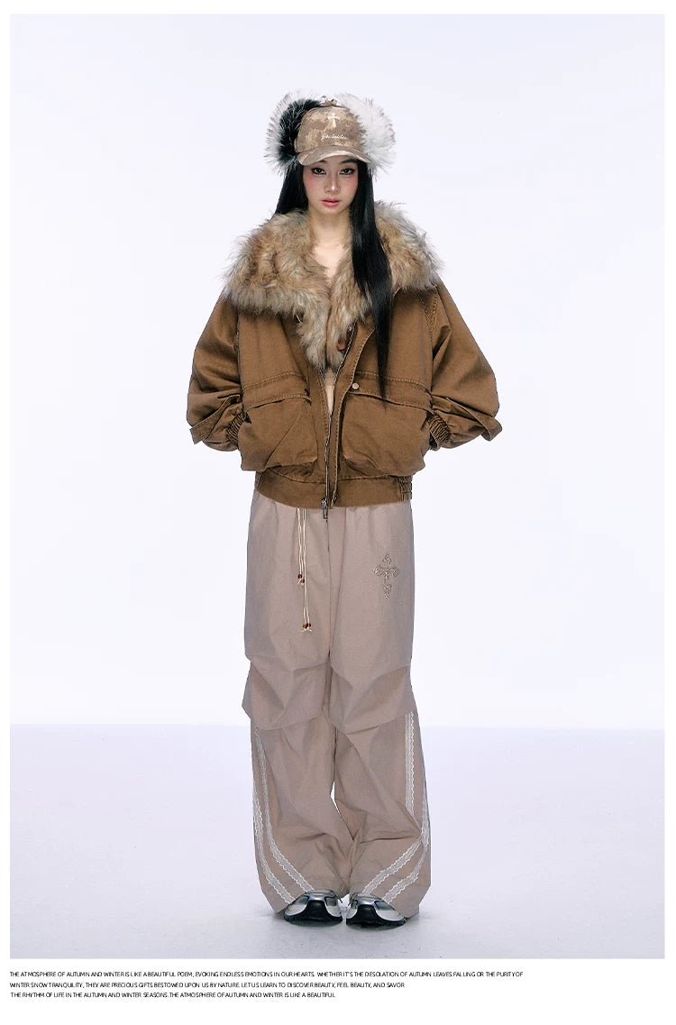 JN's DESIGN - Washed Chestnut Brown Faux Fur Collar Utility Jacket