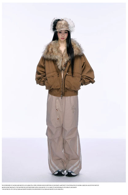 JN's DESIGN - Washed Chestnut Brown Faux Fur Collar Utility Jacket
