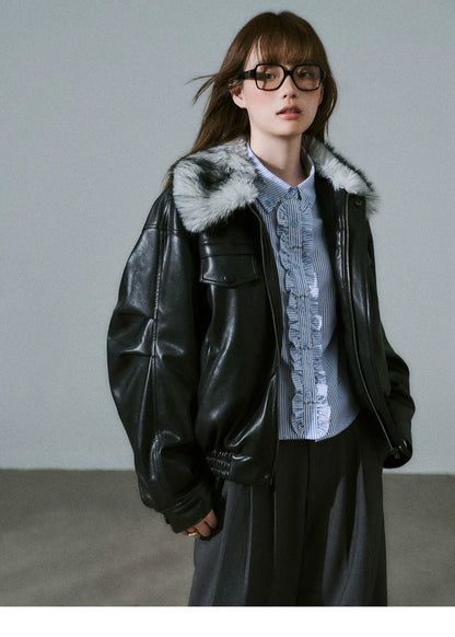 LOST FOREST - Black Faux Leather Moto Jacket with Plaid Wool Collar