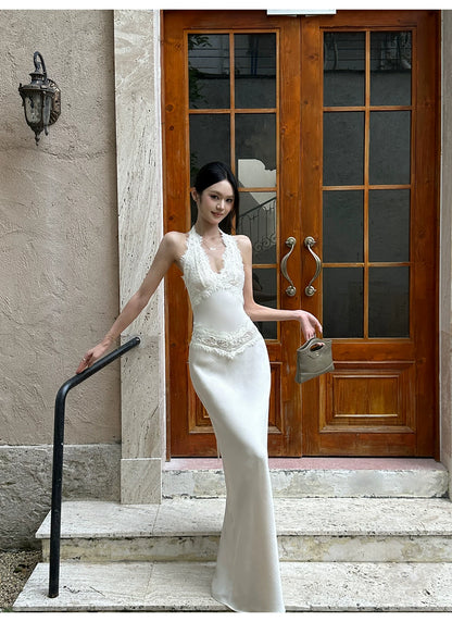 VENUIE - Champagne Satin Lace-Trim Halter Mermaid Maxi Dress