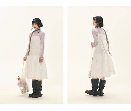 "Ivory Blossoms" Apricot Mist Beige Floral Pinafore Midi Dress