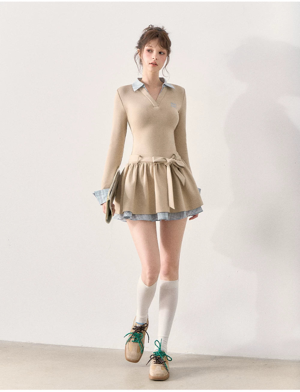 [TMMG] Miu-Inspired Preppy Knit Dress with Plaid Layered Detail & Bow Waist Belt