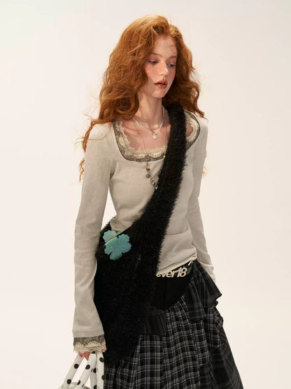 MAMC - Layered Lace Trim Long Sleeve T-Shirt (Gray)