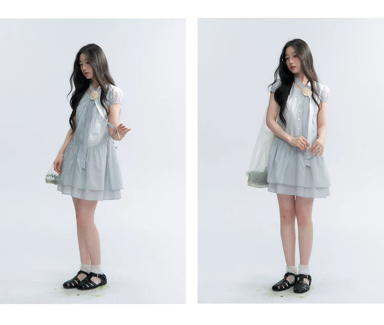 "Cedar Salt" Cool Moon Blue Lace Trim Puff Sleeve Dress