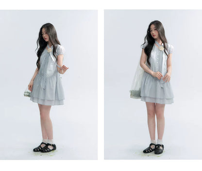 "Cedar Salt" Cool Moon Blue Lace Trim Puff Sleeve Dress