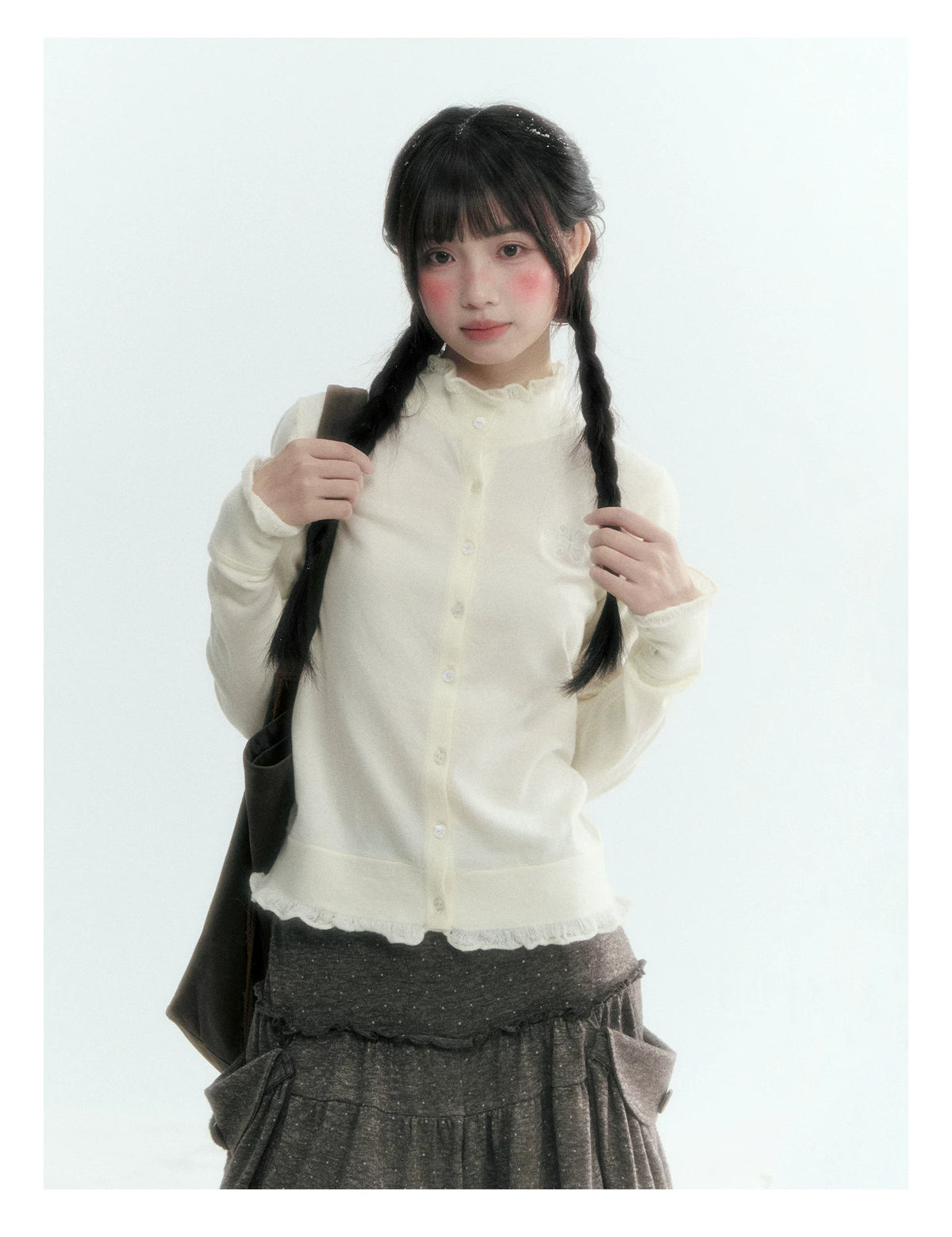 Horridale - Cloud White Ruffle Trim Embroidered Knit Top
